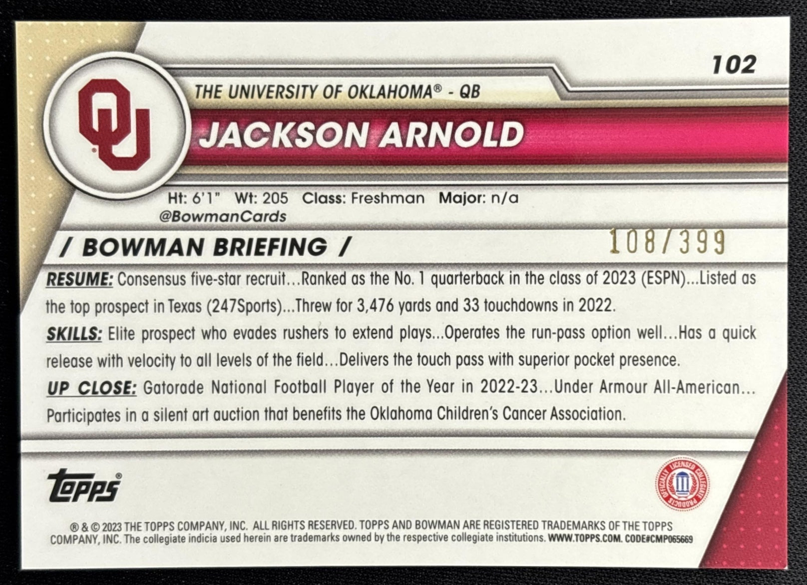 Jackson Arnold 2023 Bowman University Chrome Purple Refractor /399 Sooners back