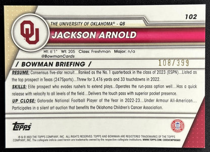 Jackson Arnold 2023 Bowman University Chrome Purple Refractor /399 Sooners back