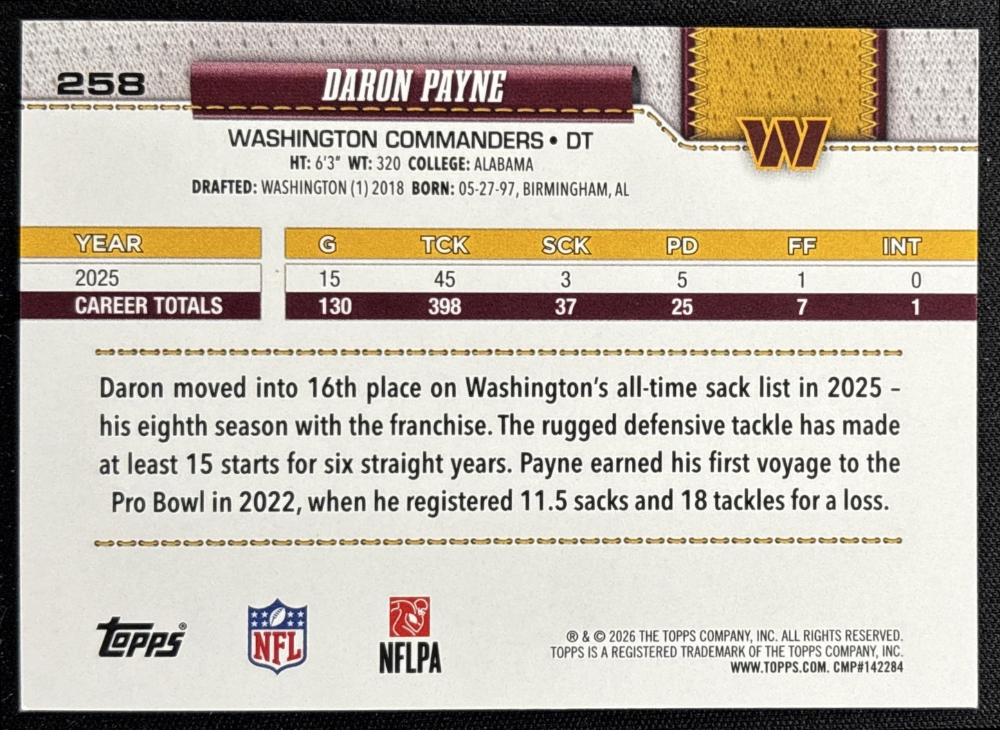 Daron Payne 2026 Topps Pink Diamante Foil Commanders