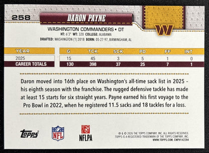 Daron Payne 2026 Topps Pink Diamante Foil Commanders