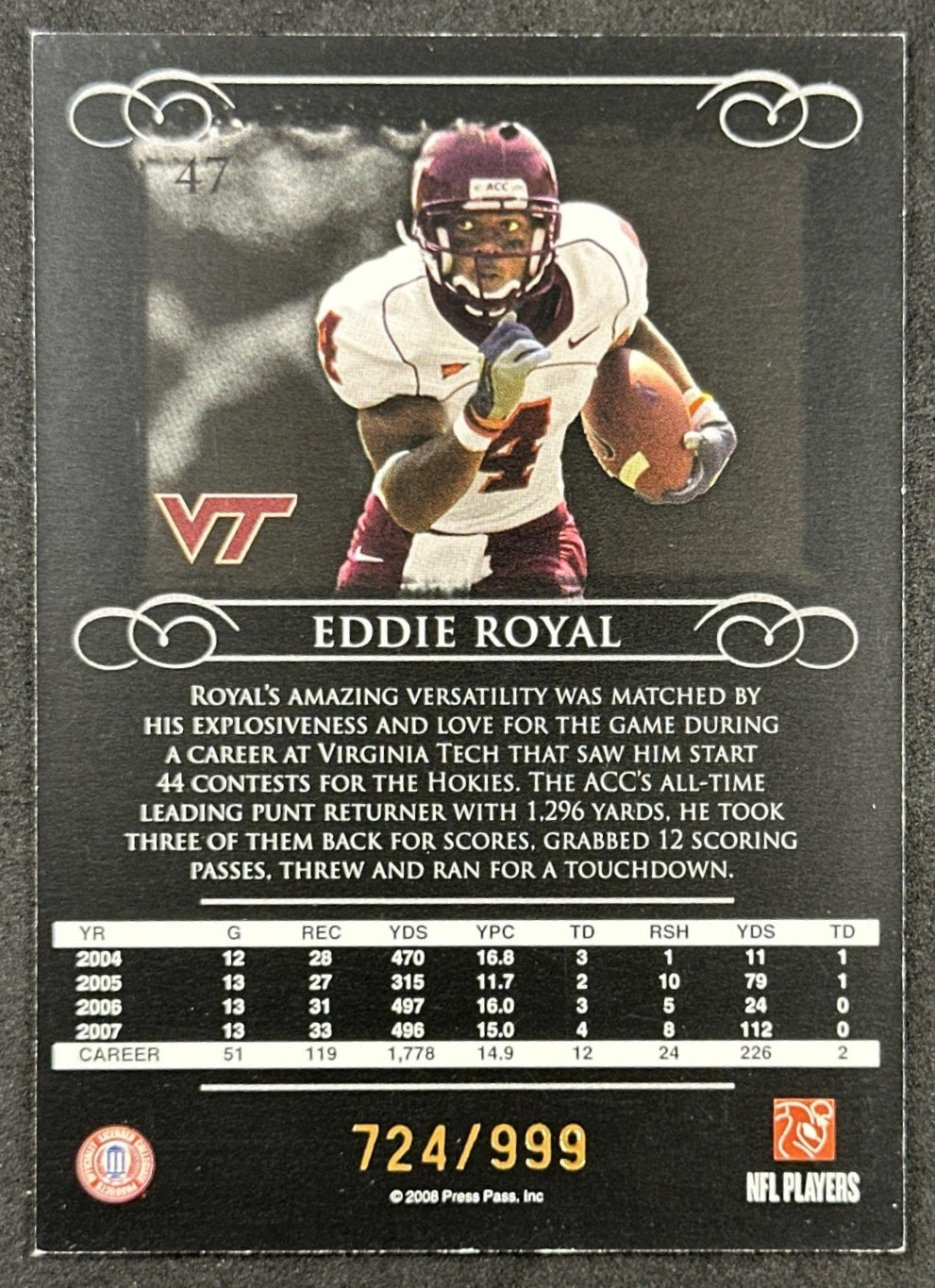 Eddie Royal 2008 Press Pass Legends Hokies Broncos back