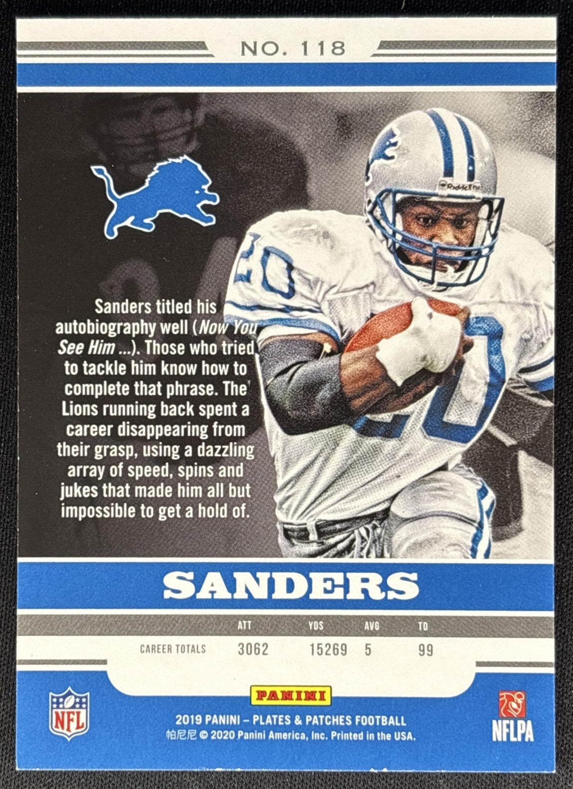 Barry Sanders 2019 Panini Plates & Patches Blue /60 Lions Sports Trading Card