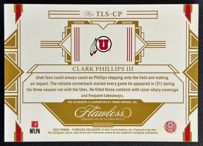 Back of Clark Phillips III 2024 National Treasures Collegiate 2023 Panini Flawless Football Updates - Team Logo Signatures /25 Utes sports trading card
