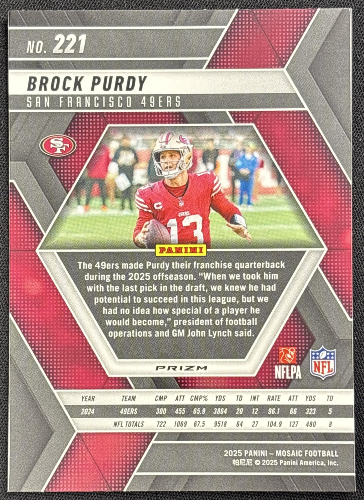 Brock Purdy 2025 Panini Mosaic Reactive Blue Prizm 49ers San Francisco 49ers