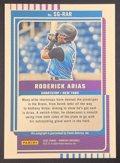 Roderick Arias 2025 Panini Donruss Signature Series Green Laser Yankees New York Yankees Sports Trading Card
