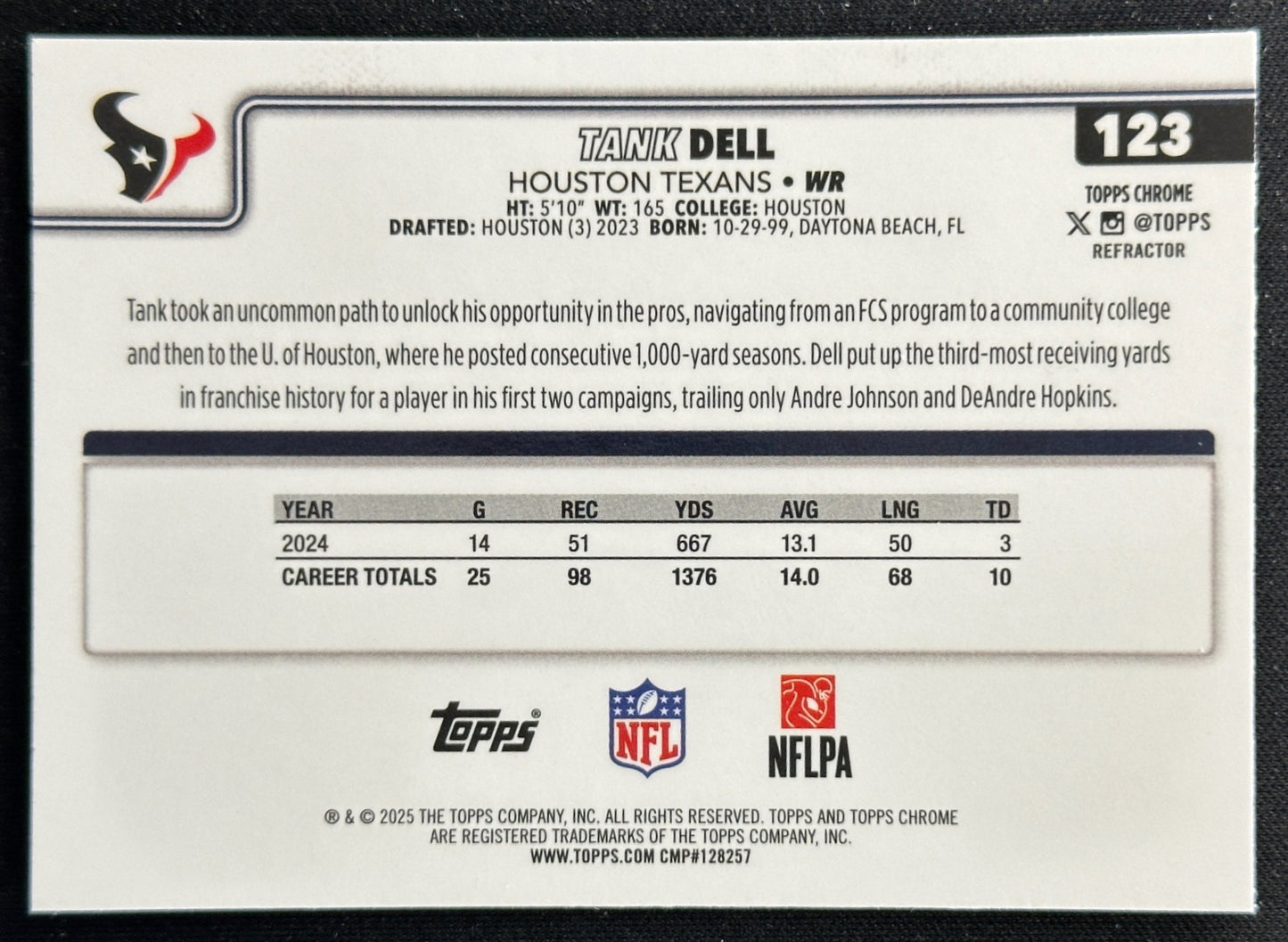 Tank Dell 2025 Topps Chrome Refractor Texans Sports Trading Cards