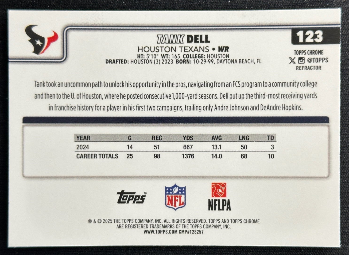 Tank Dell 2025 Topps Chrome Refractor Texans Sports Trading Cards