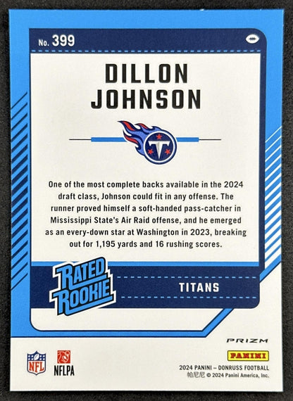 Dillon Johnson 2024 Panini Donruss Optic Rated Rookie Preview Pink Titans Sports Trading Cards