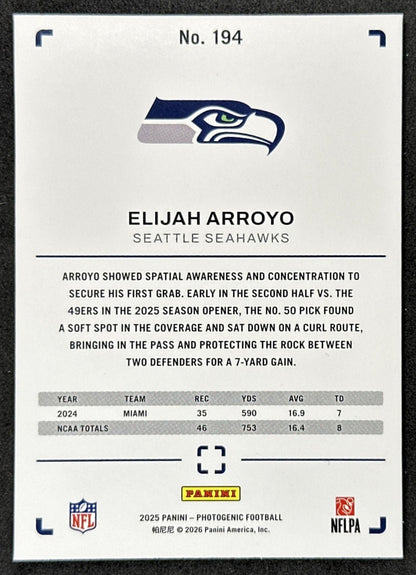 Elijah Arroyo 2025 Panini PhotoGenic Rookies Horizontal Seahawks back