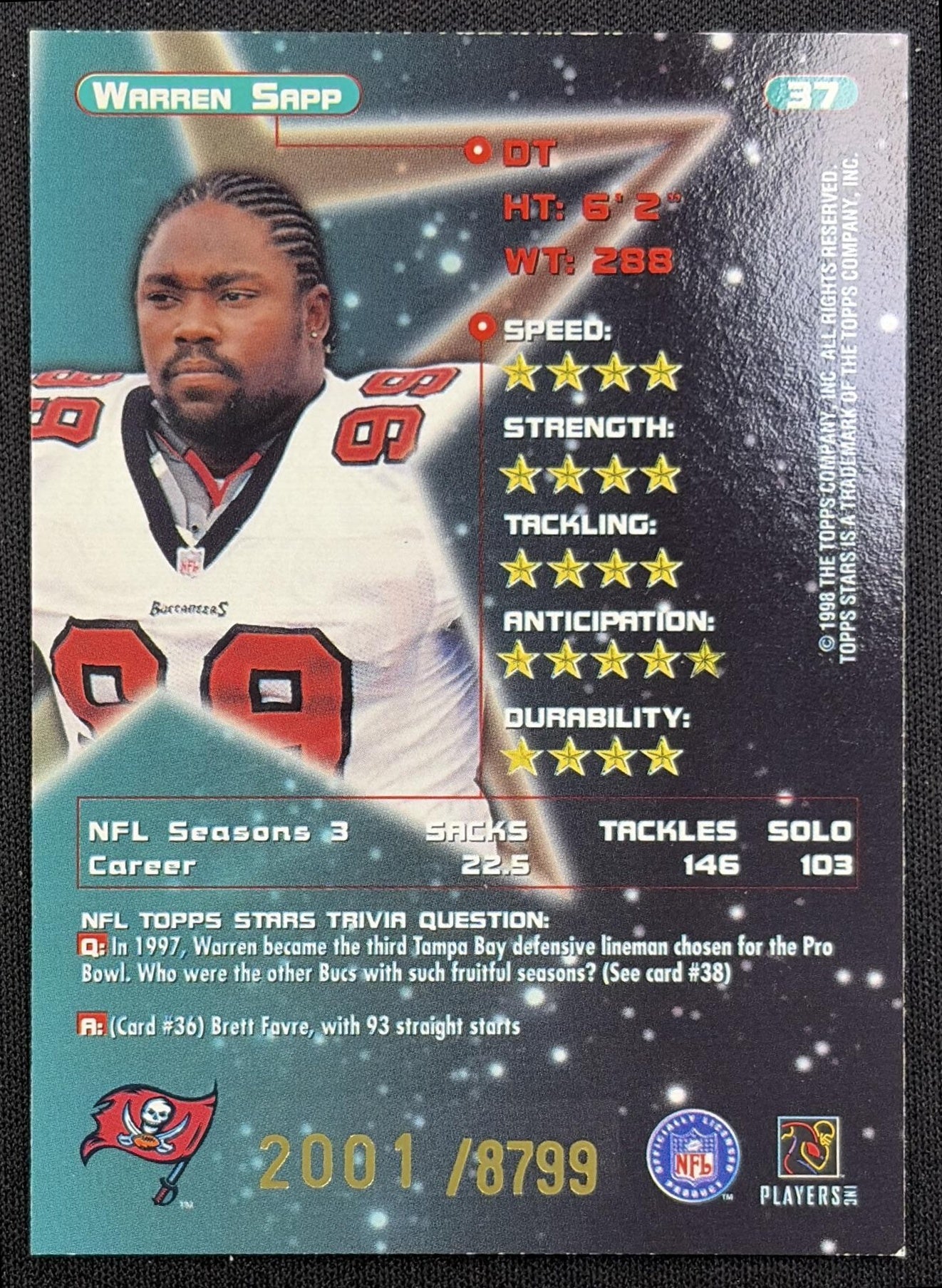Warren Sapp 1998 Topps Stars /8799 Buccaneers