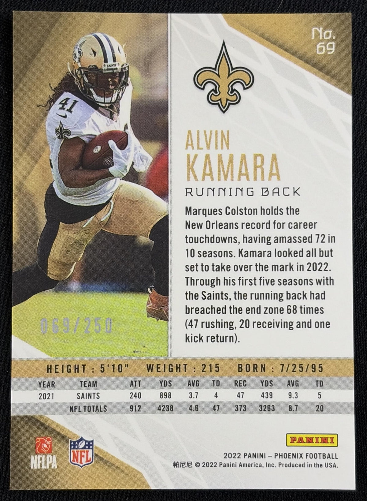 Alvin Kamara 2022 Panini Phoenix Red /250 Saints - back