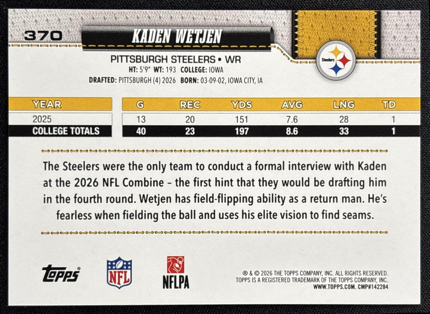 Kaden Wetjen 2026 Topps Football Leather Foil Steelers