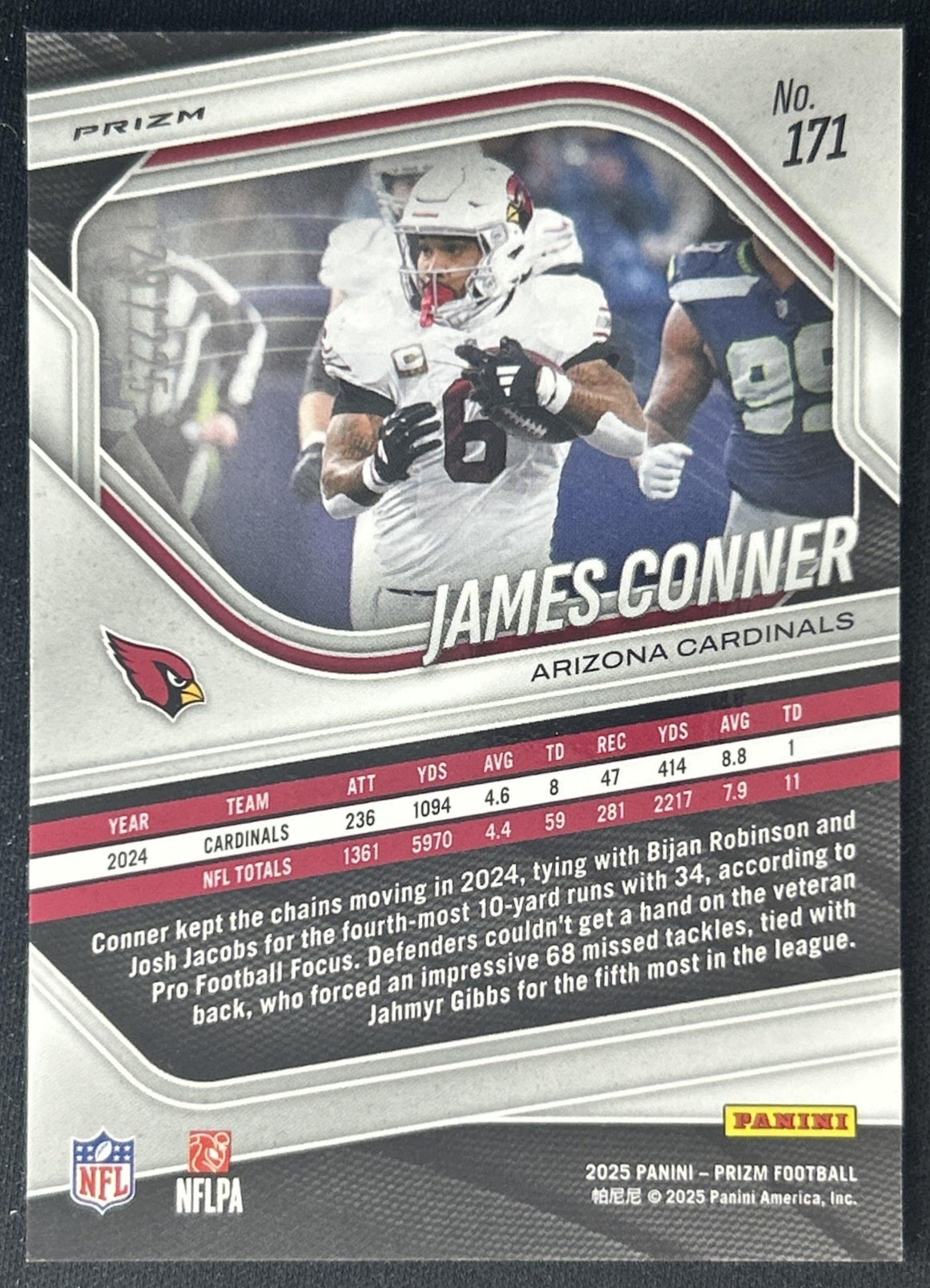 James Conner 2025 Panini Prizm Purple Ice /225 Cardinals back