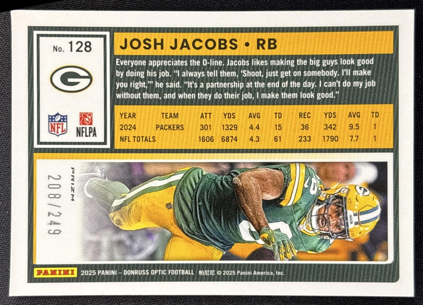 Josh Jacobs 2025 Panini Donruss Optic Blue Prizm /249 Packers Sports Trading Card