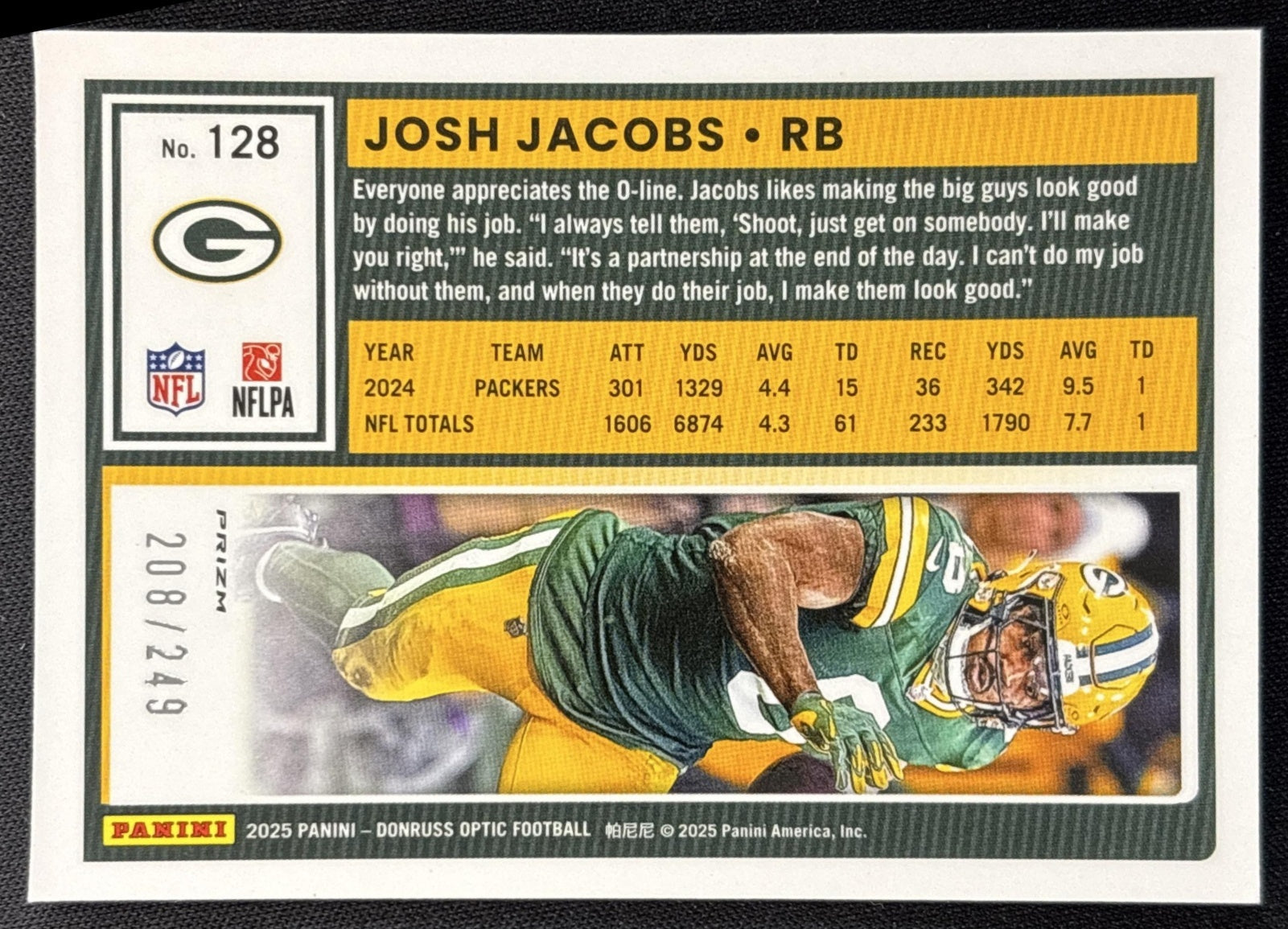 Josh Jacobs 2025 Panini Donruss Optic Blue Prizm /249 Packers Sports Trading Card
