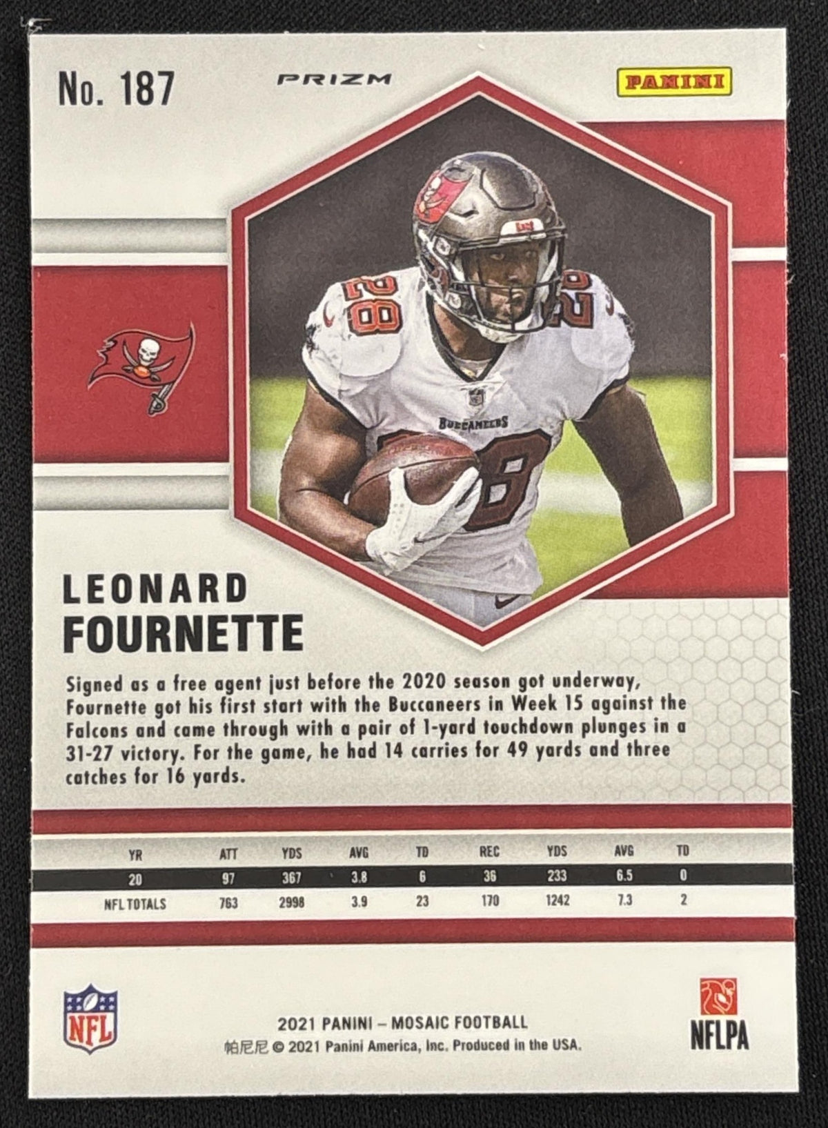Leonard Fournette 2021 Panini Mosaic White Sparkle Prizm SSP Buccaneers sports trading card back