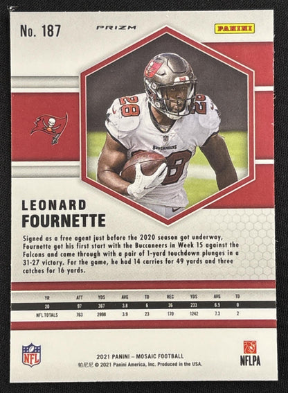 Leonard Fournette 2021 Panini Mosaic White Sparkle Prizm SSP Buccaneers sports trading card back