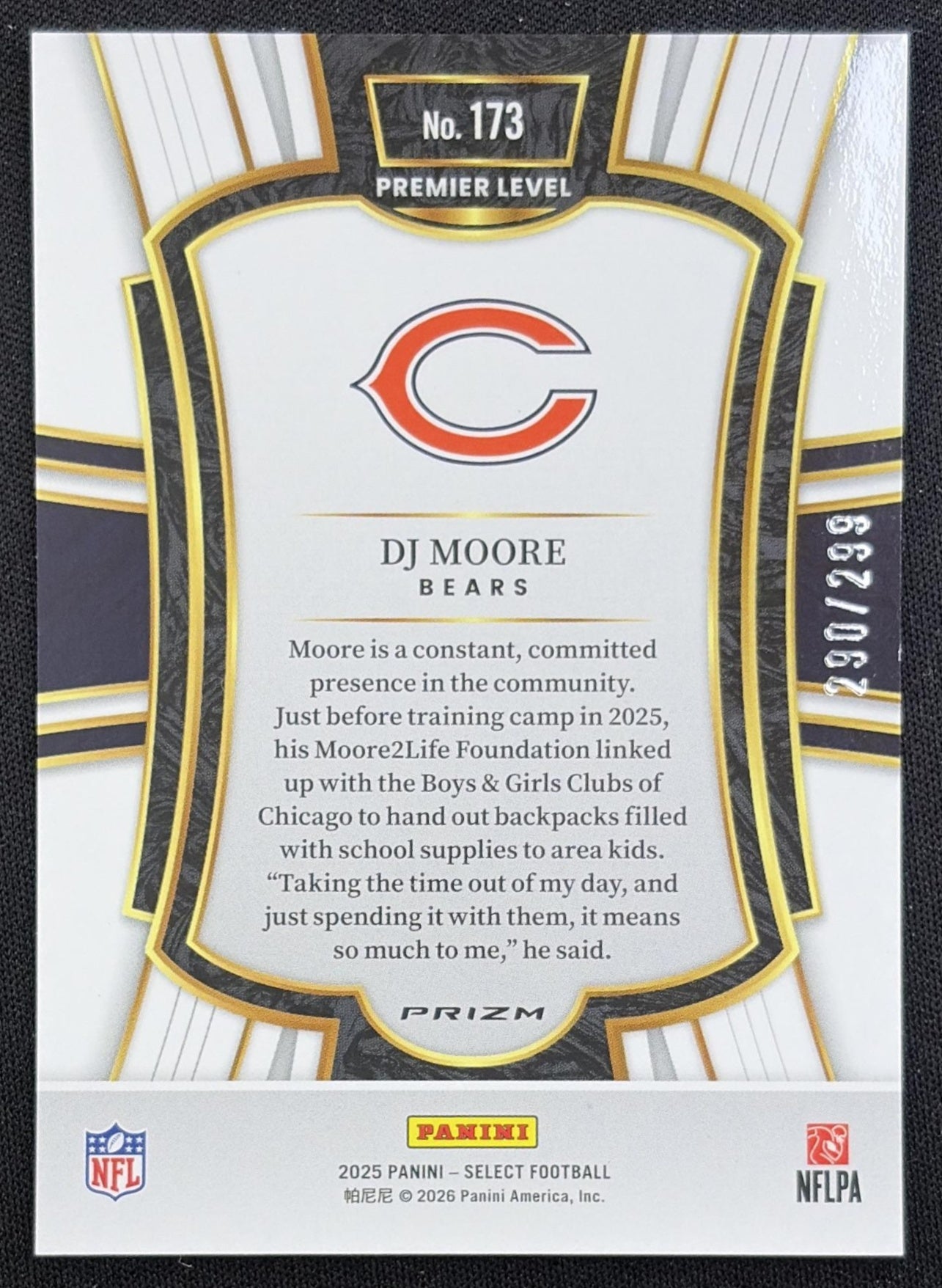 DJ Moore 2025 Panini Select Premier Level Tri-Color Prizm /299 Bears