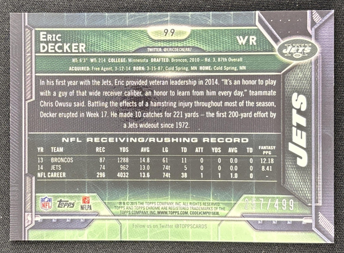 Eric Decker 2015 Topps Chrome Camo Refractor /499 Jets