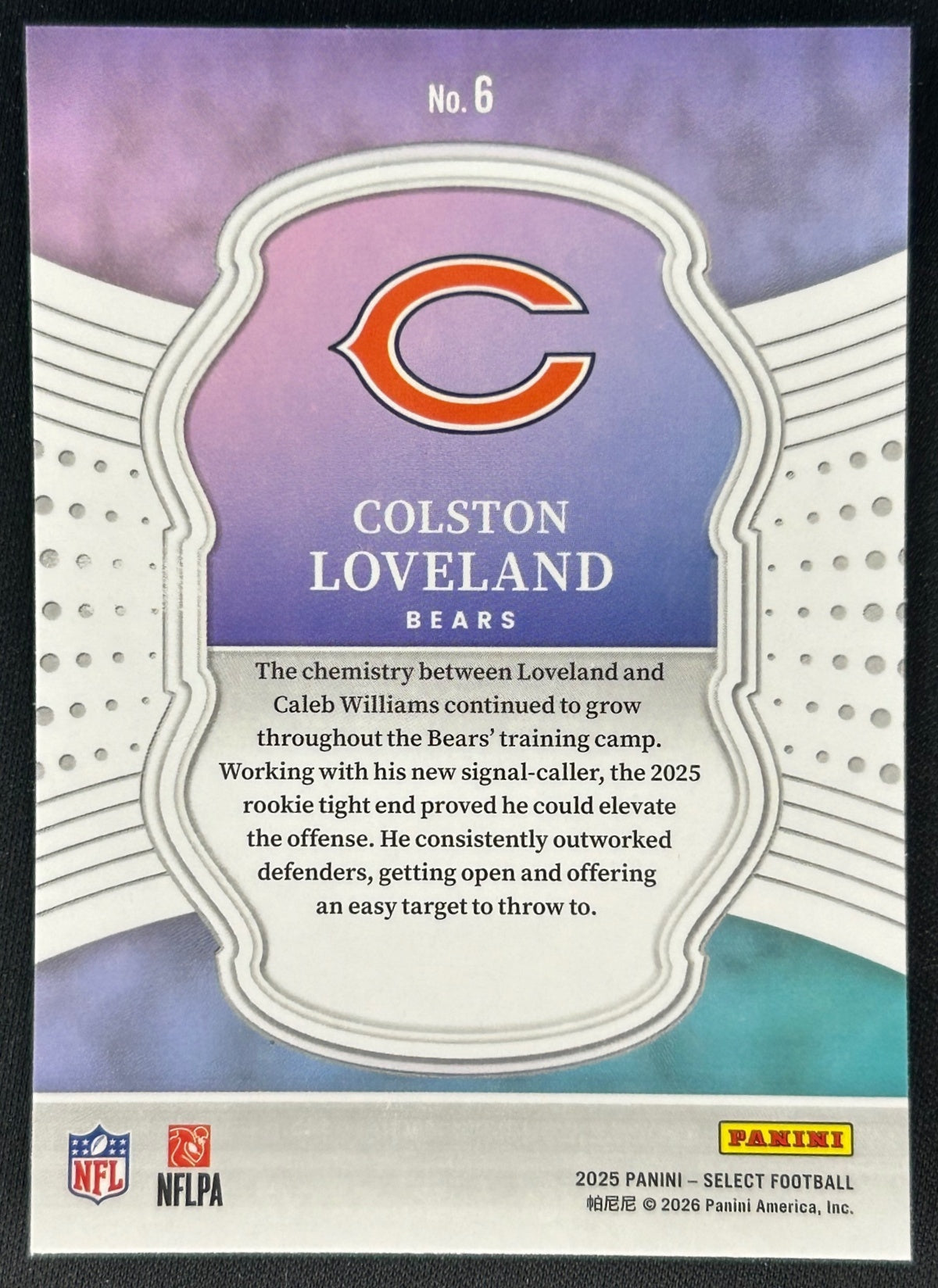 Colston Loveland 2025 Select Certified Rookies Bears Sports Trading Cards