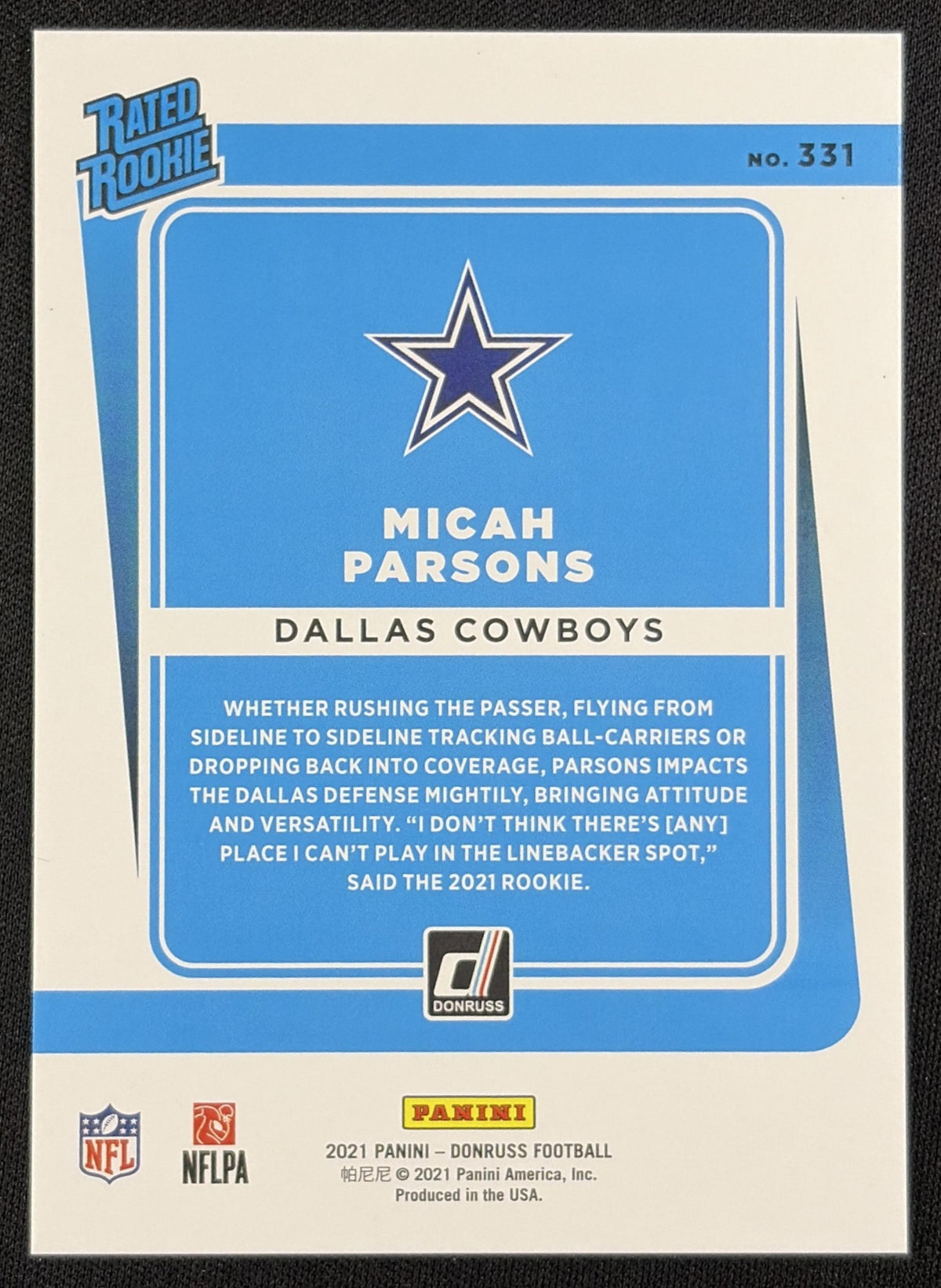 Micah Parsons 2021 Panini Donruss Press Proof Silver /100 Cowboys