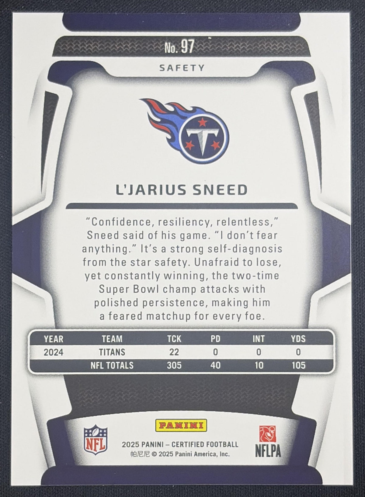 L'Jarius Sneed 2025 Panini Certified Mirror Orange /150 Titans Tennessee Titans