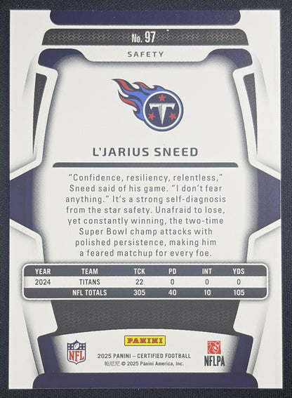 L'Jarius Sneed 2025 Panini Certified Mirror Orange /150 Titans Tennessee Titans