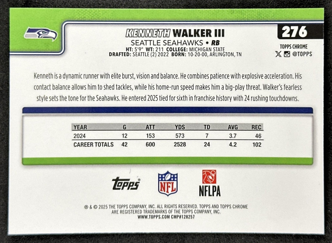 Kenneth Walker III 2025 Topps Chrome Sapphire Seahawks Sports Trading Card