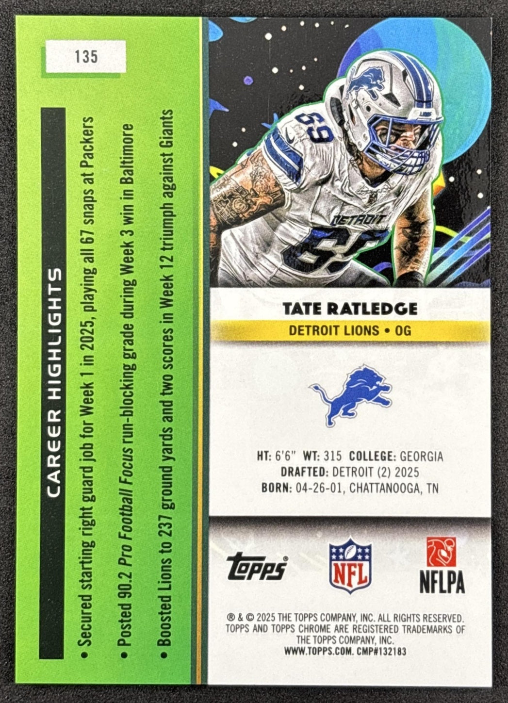 Tate Ratledge 2025 Topps Cosmic Chrome Purple Nebula Refractor /150 Lions Detroit Lions