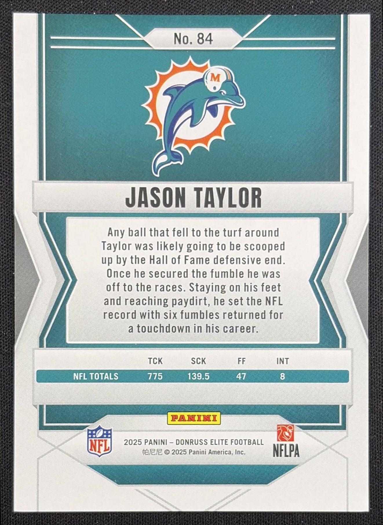 Jason Taylor 2025 Panini Donruss Elite Purple /49 Dolphins Miami Dolphins back