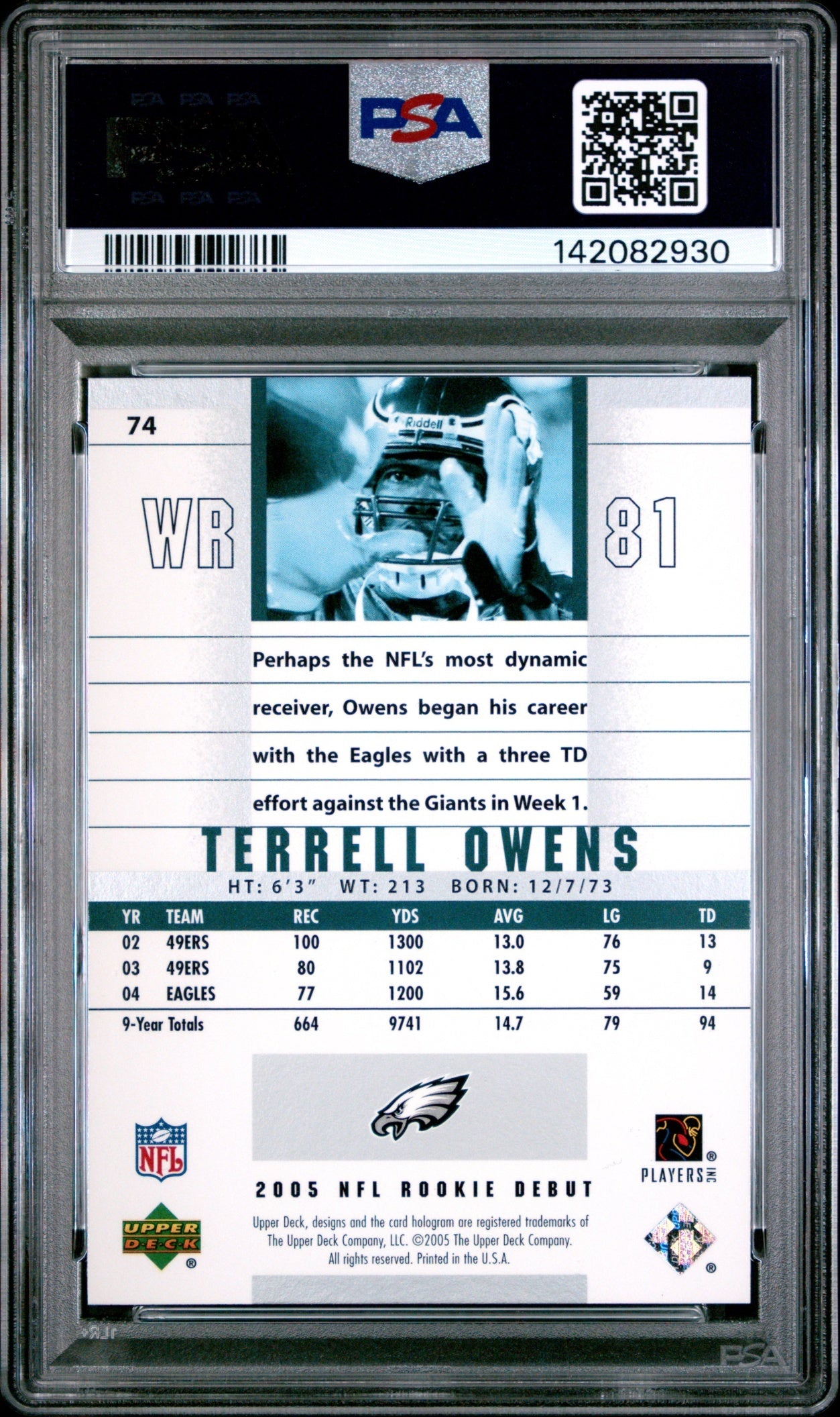 Terrell Owens 2005 Upper Deck Rookie Debut PSA 10 Eagles back
