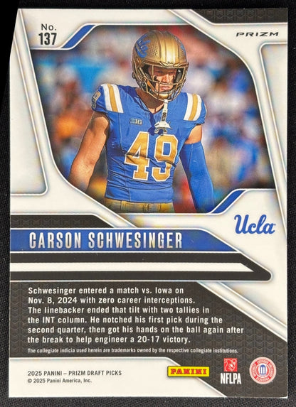 Carson Schwesinger 2025 Prizm Draft Picks Gold Ice Browns Sports Trading Cards