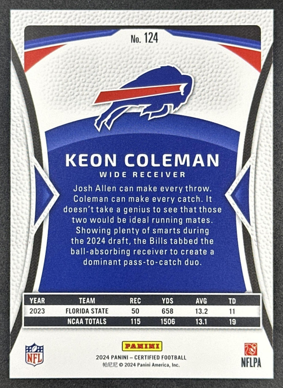 Keon Coleman 2024 Panini Certified Rookies Bronze Mirror /275 Bills back