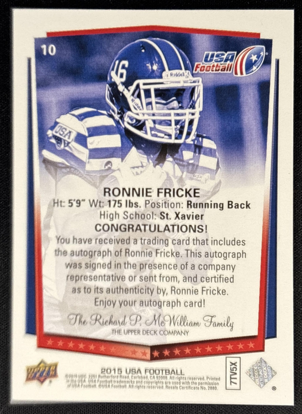 Ronnie Fricke 2015 Upper Deck USA Football Auto back