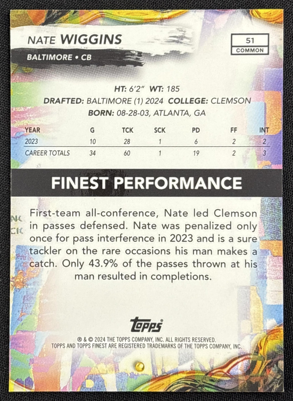 Nate Wiggins 2024 Topps Finest Sky Blue Refractor /325 Ravens