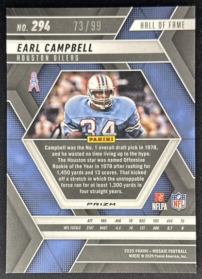 Earl Campbell 2025 Panini Mosaic Hall of Fame No Huddle Blue Prizm /99 Oilers Sports Trading Cards