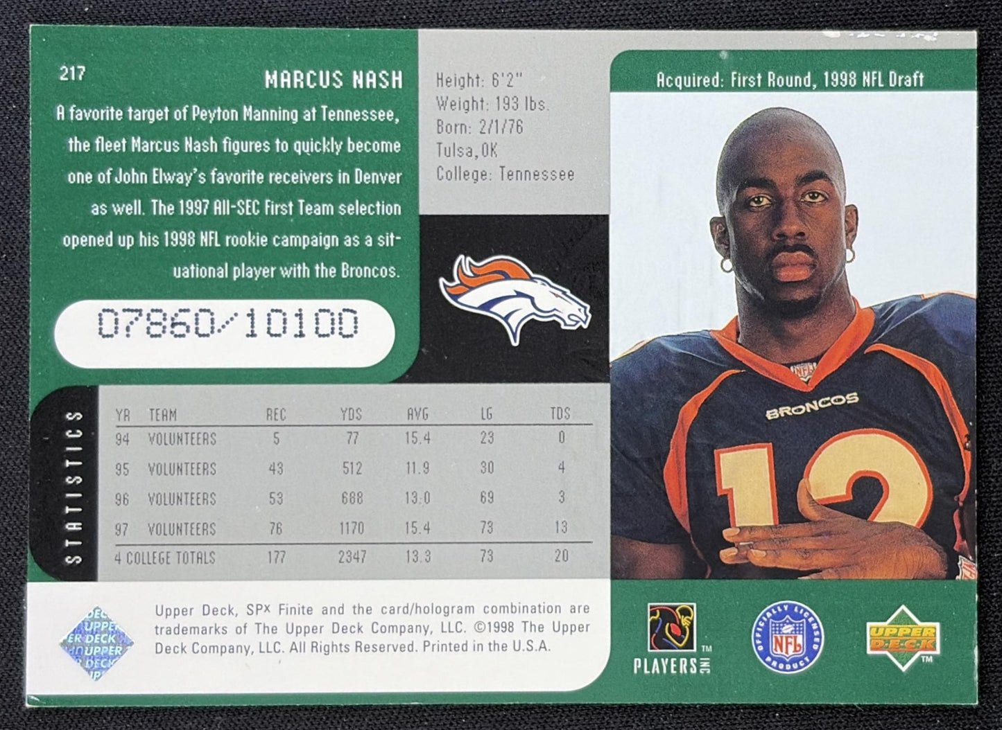 Marcus Nash 1998 SPx Finite /10100 Broncos