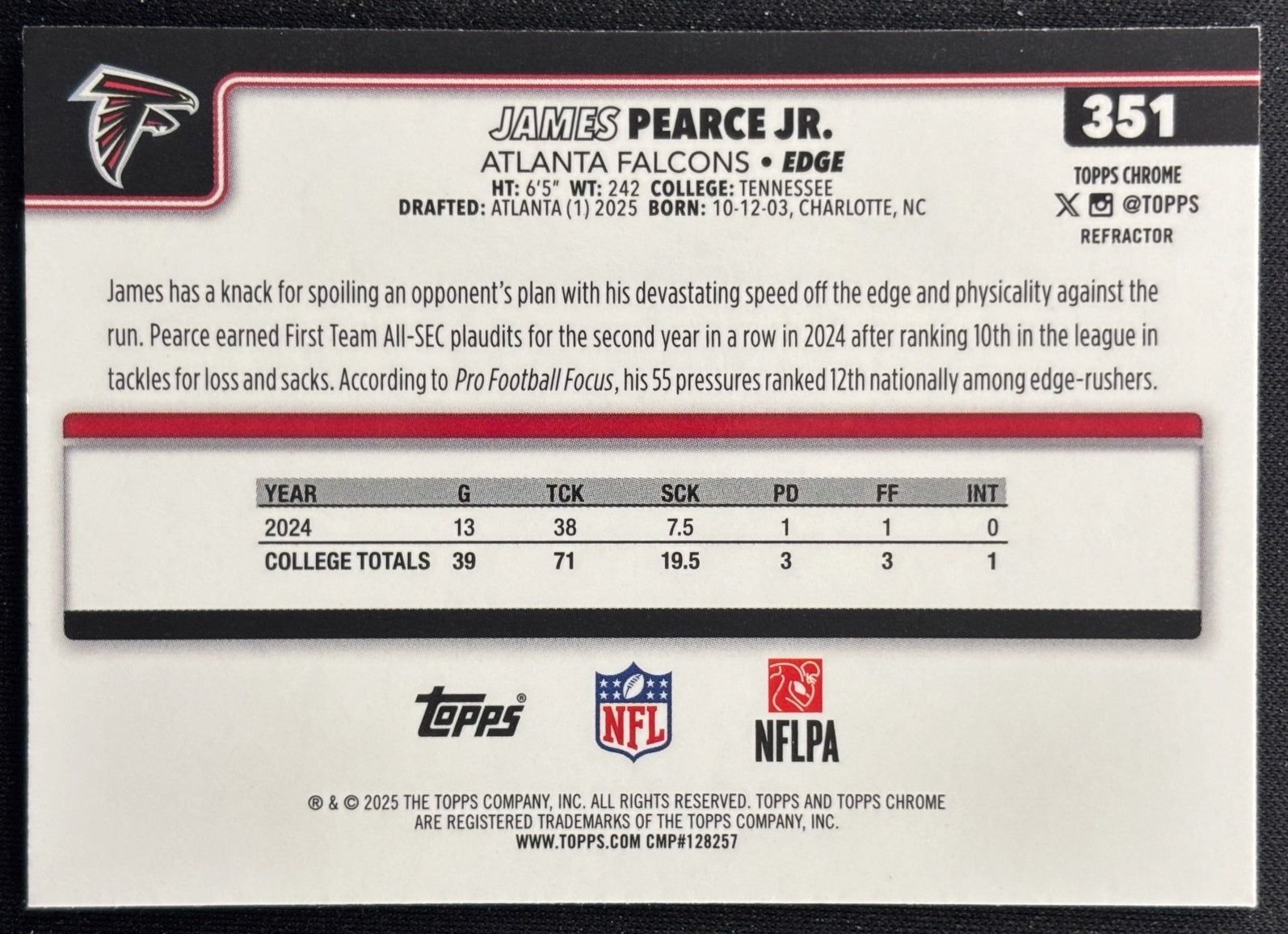 James Pearce Jr. 2025 Topps Chrome Rookie Refractor Falcons Sports Trading Cards