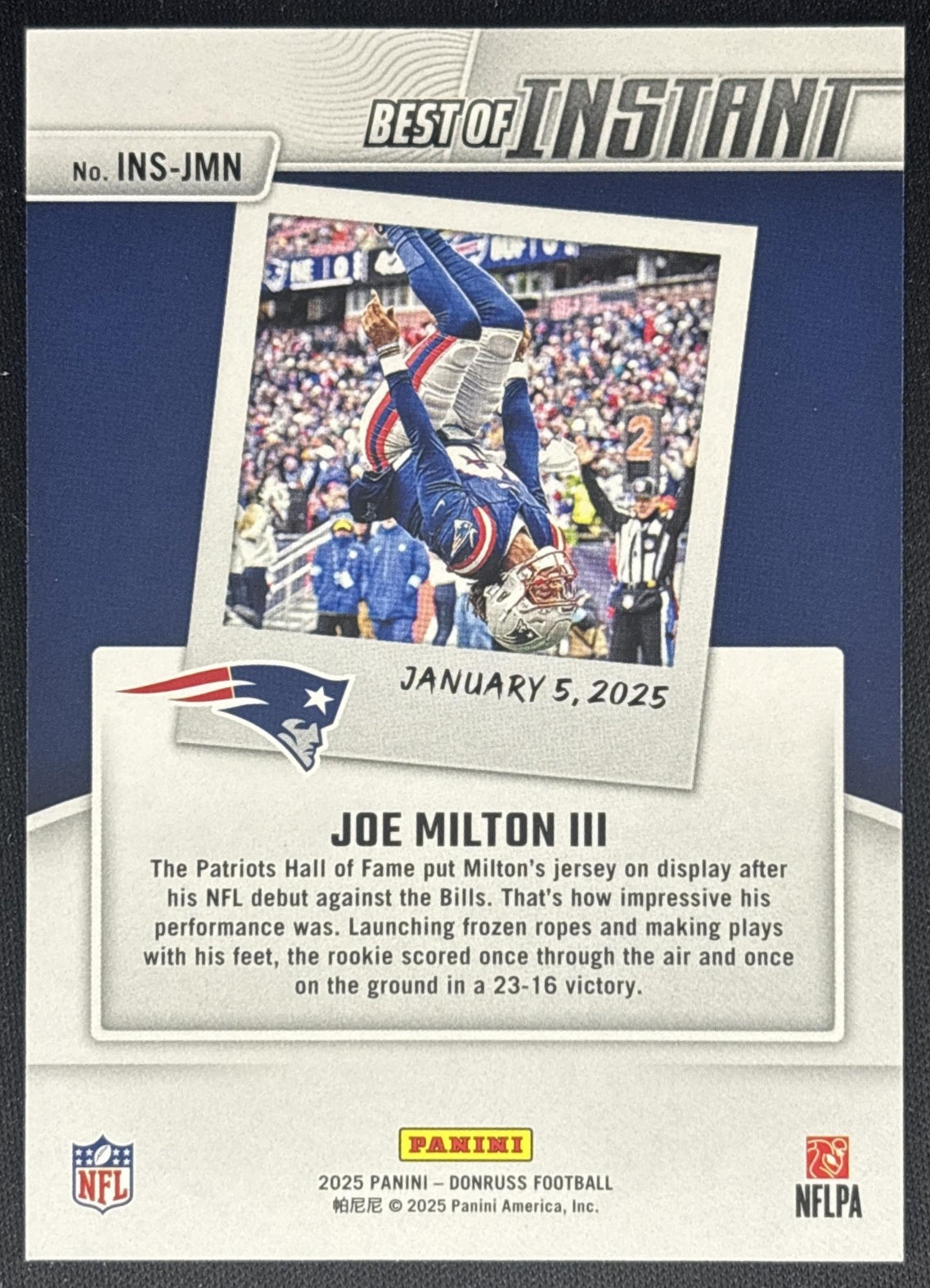 Joe Milton III 2025 Panini Donruss Best of Instant Holo /100 Patriots back