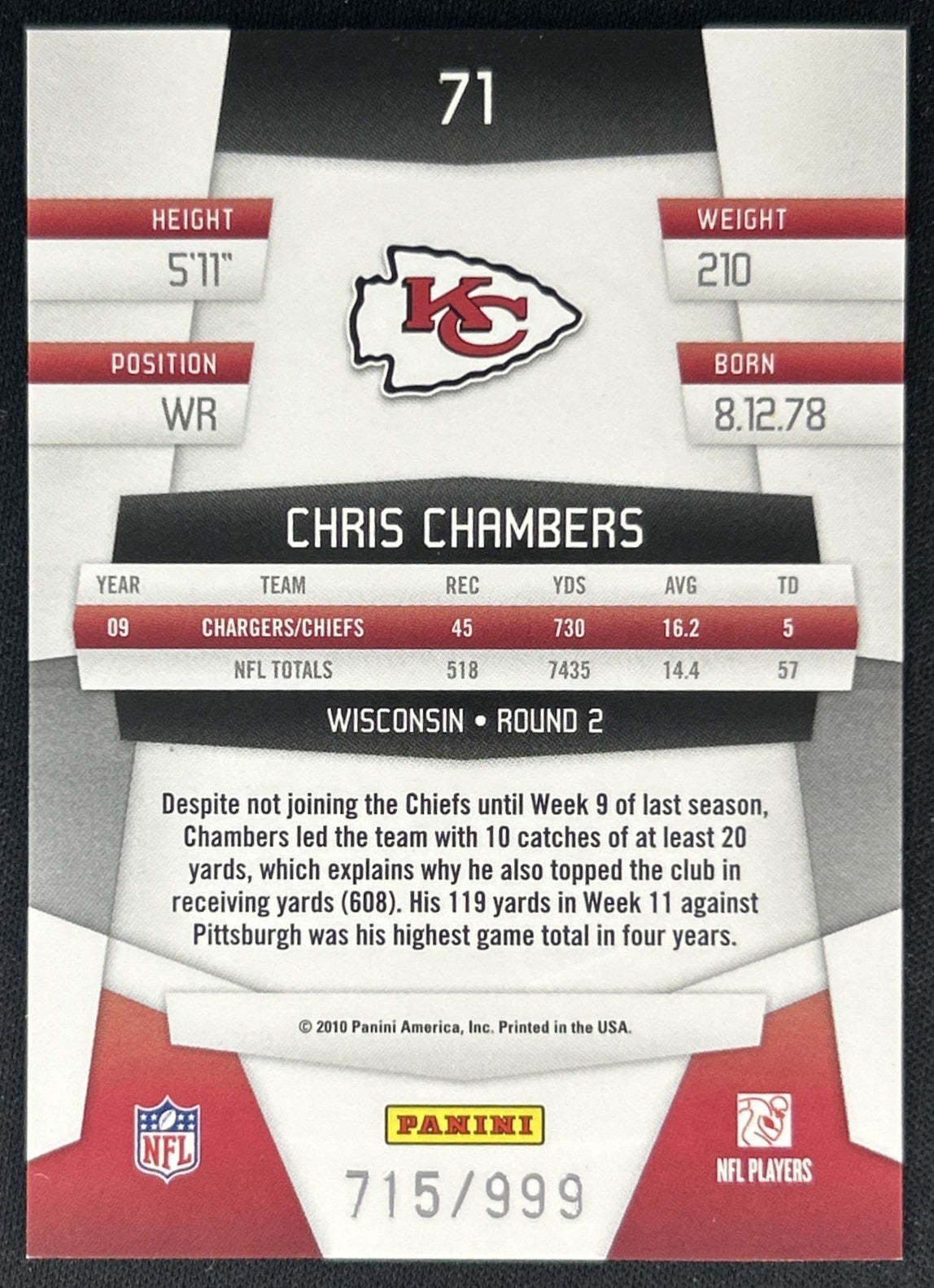 Chris Chambers 2010 Panini Certified Platinum Red /999 Chiefs back