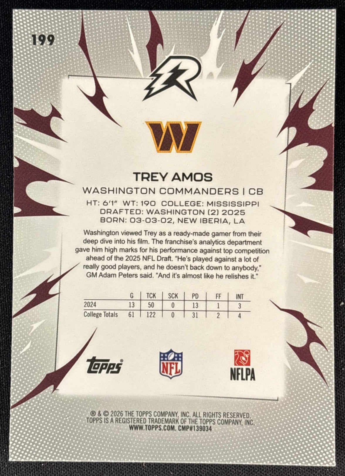 Trey Amos 2025 Topps Resurgence Commanders Sports Trading Cards