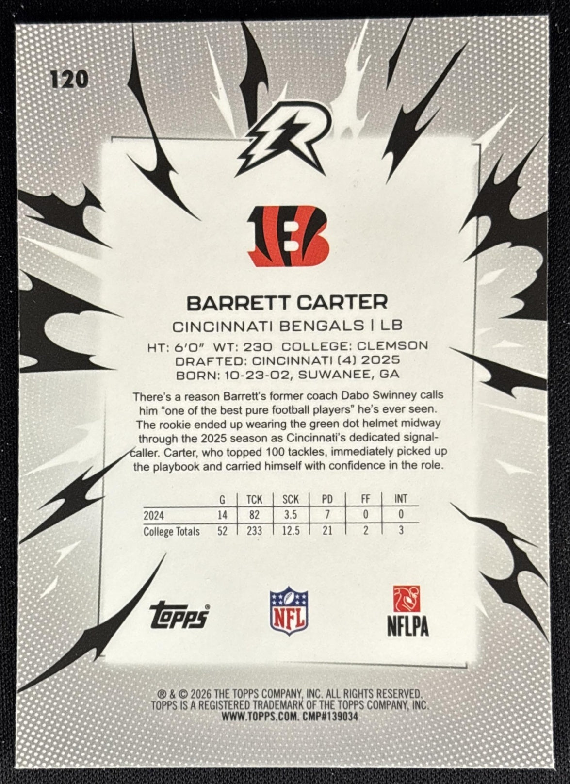 Barrett Carter 2025 Topps Resurgence Prism Refractor Bengals back