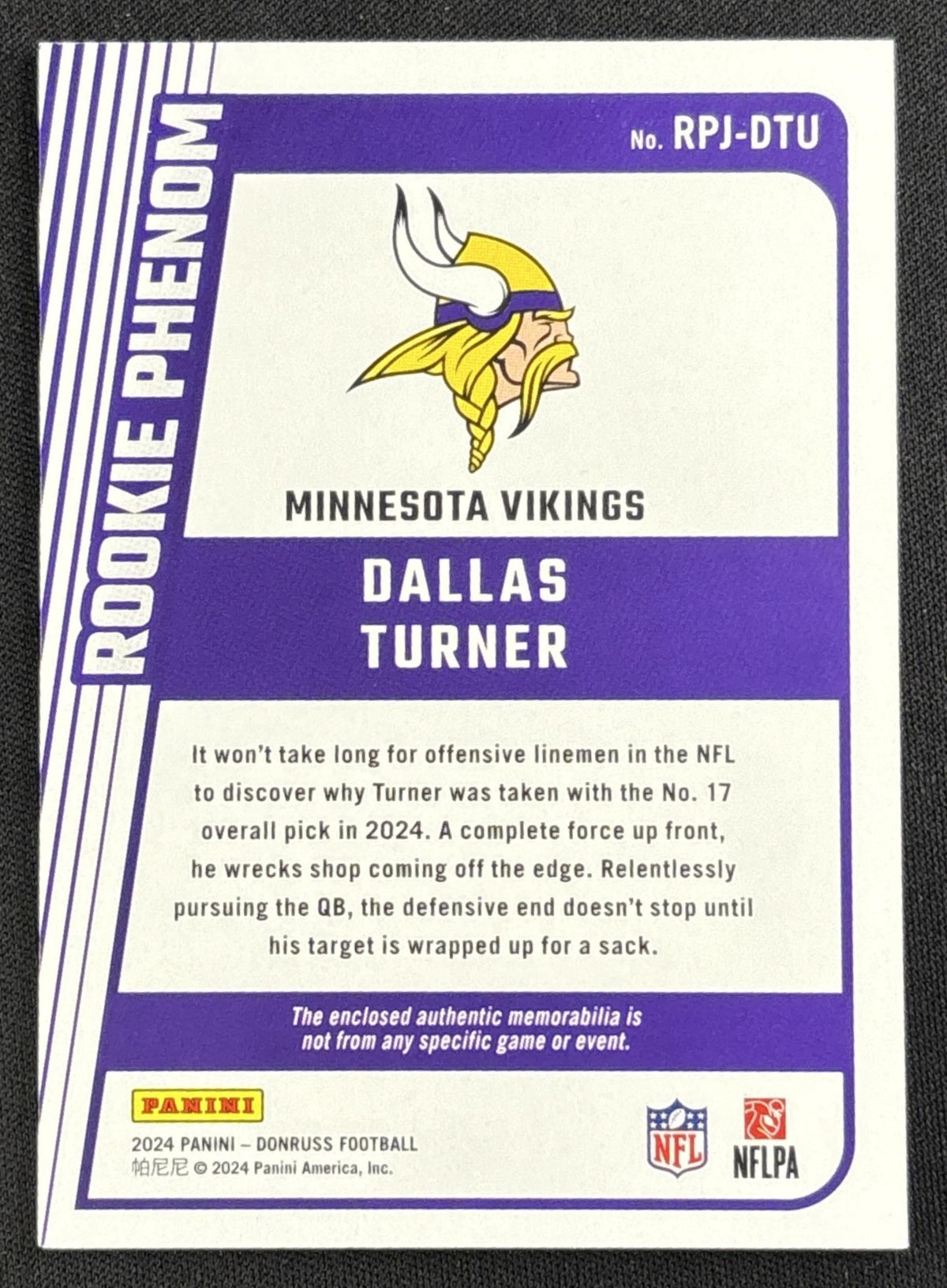 Dallas Turner 2024 Panini Donruss Rookie Phenom Jerseys Vikings
