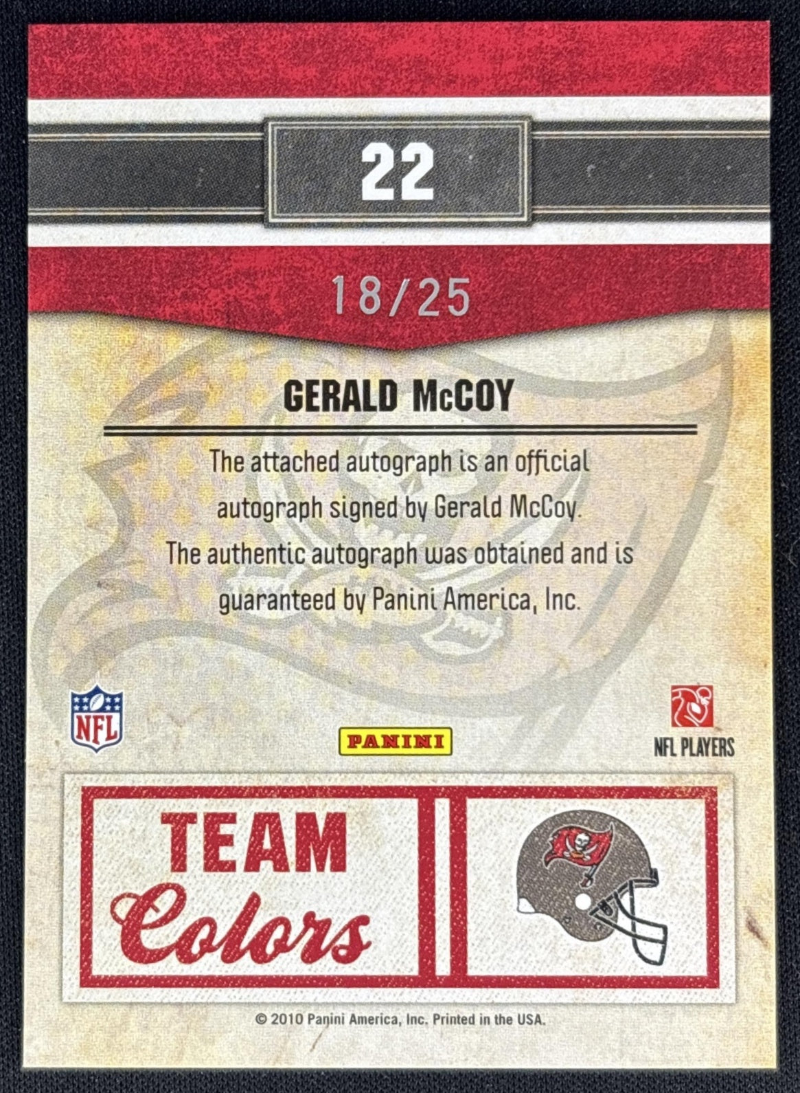 Gerald McCoy 2010 Panini Classics Team Colors Auto /25 Buccaneers back