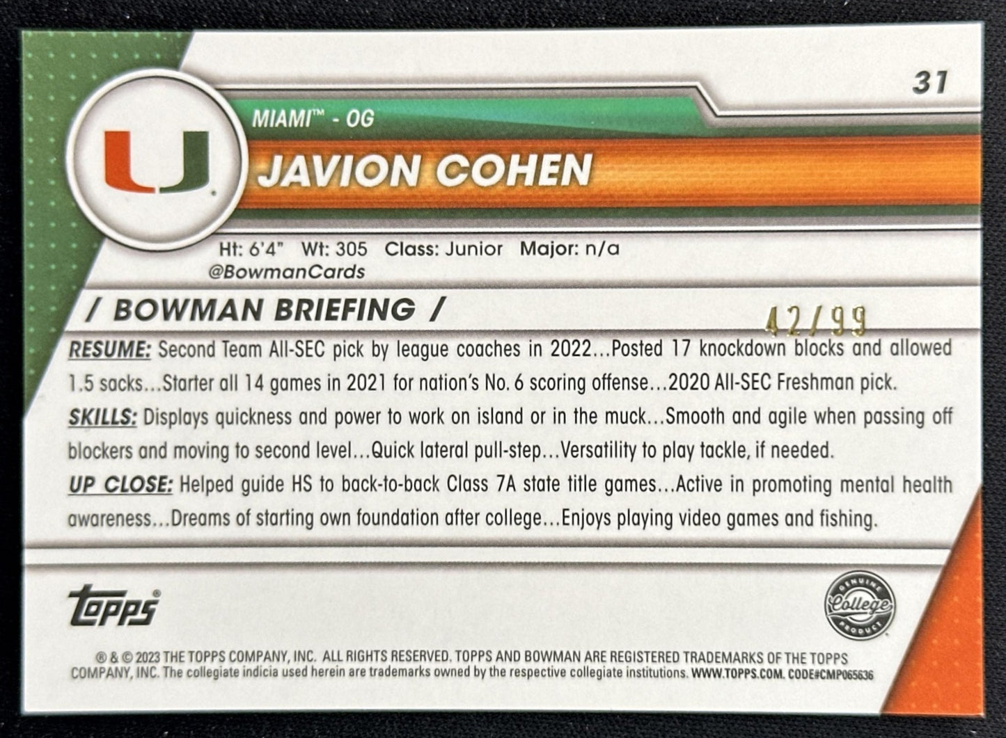 Javion Cohen 2023 Bowman University Chrome Green Refractor /99 Hurricanes back