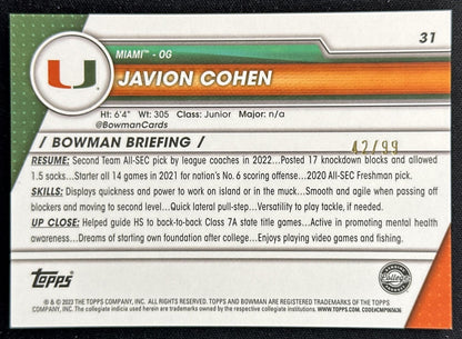 Javion Cohen 2023 Bowman University Chrome Green Refractor /99 Hurricanes back