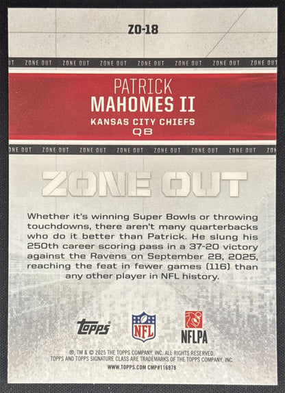 Patrick Mahomes II 2025 Topps Signature Class Zone Out Chiefs back