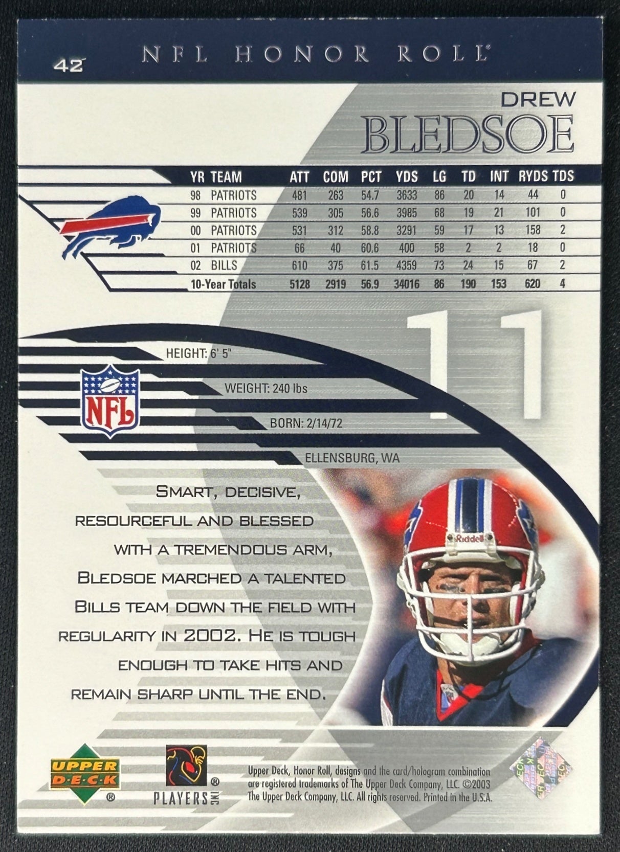 Drew Bledsoe 2003 Honor Roll Bills sports trading card (back)