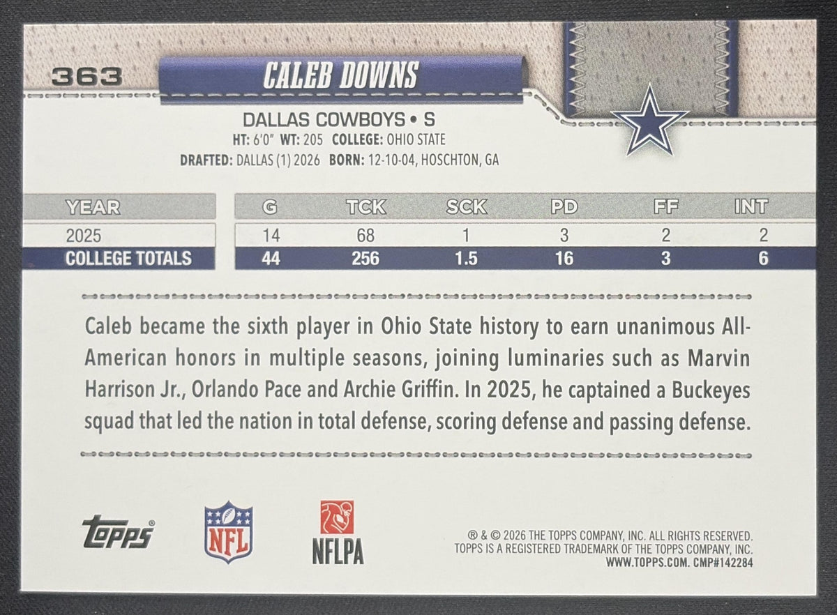 Caleb Downs 2026 Topps Fanatics Foil Cowboys Sports Trading Card