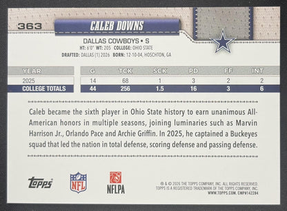 Caleb Downs 2026 Topps Fanatics Foil Cowboys Sports Trading Card